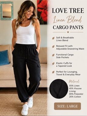 Love Tree Cargo Linen Pants Womens L Large Trousers High Rise Jogger Black